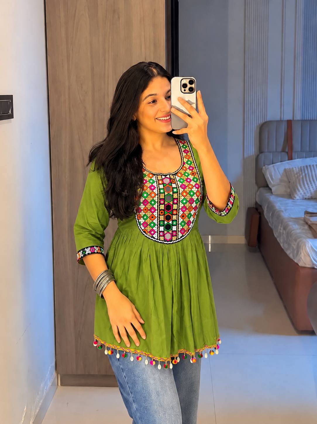 Green Pure Rayon Cotton  Embroidery Work Navratri Top