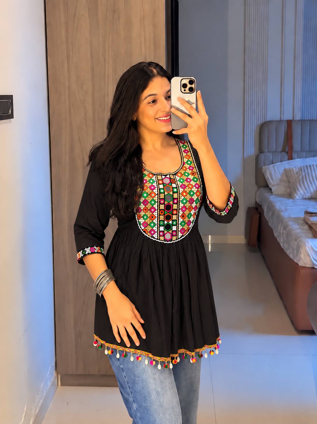 Black Pure Rayon Cotton  Embroidery Work Navratri Top