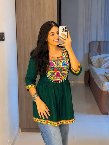 Green Pure Rayon Cotton  Embroidery Work Navratri Top