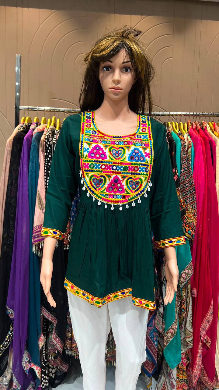 Green Pure Rayon Cotton  Embroidery Work Navratri Top