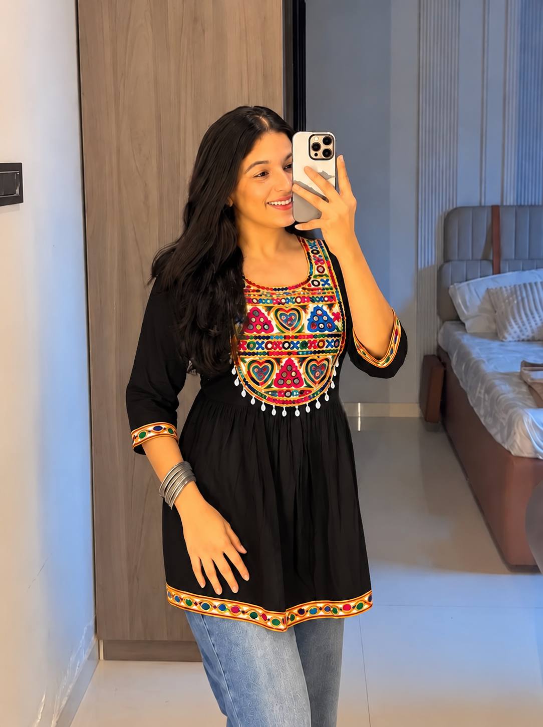 Black Pure Rayon Cotton  Embroidery Work Navratri Top