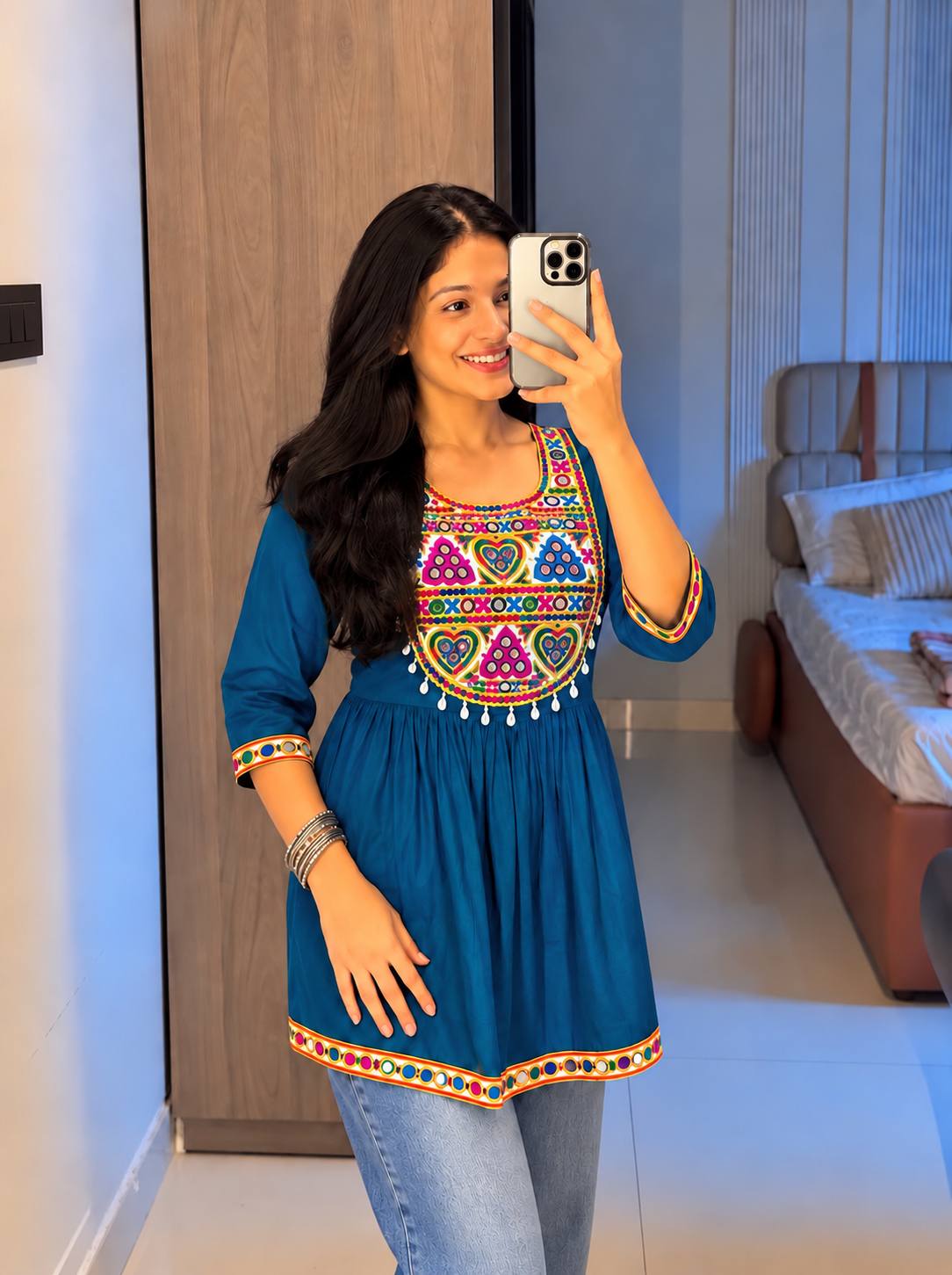 Blue Pure Rayon Cotton  Embroidery Work Navratri Top