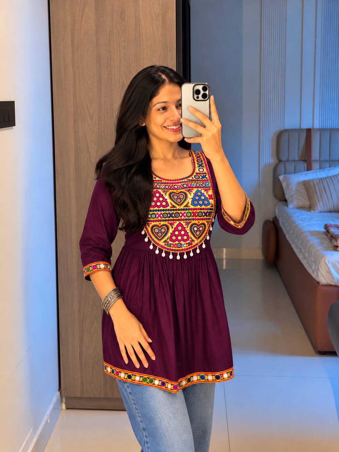 Wine Pure Rayon Cotton  Embroidery Work Navratri Top