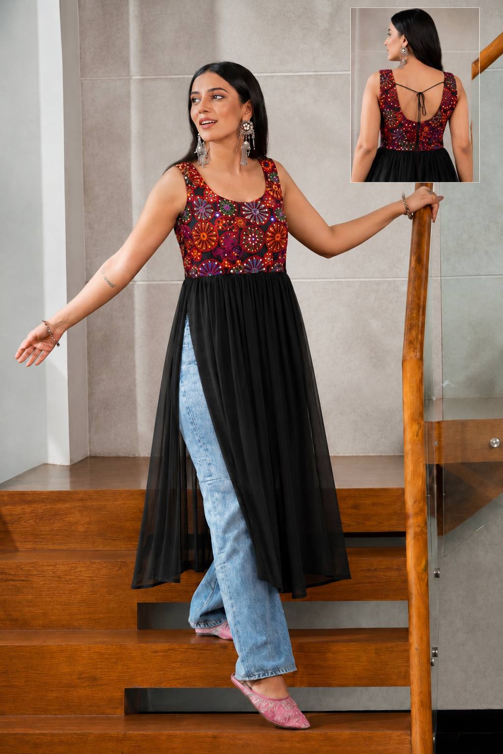 Black Pure Heavy Georgette with Embroidery Mirror Work Navratri Long Top