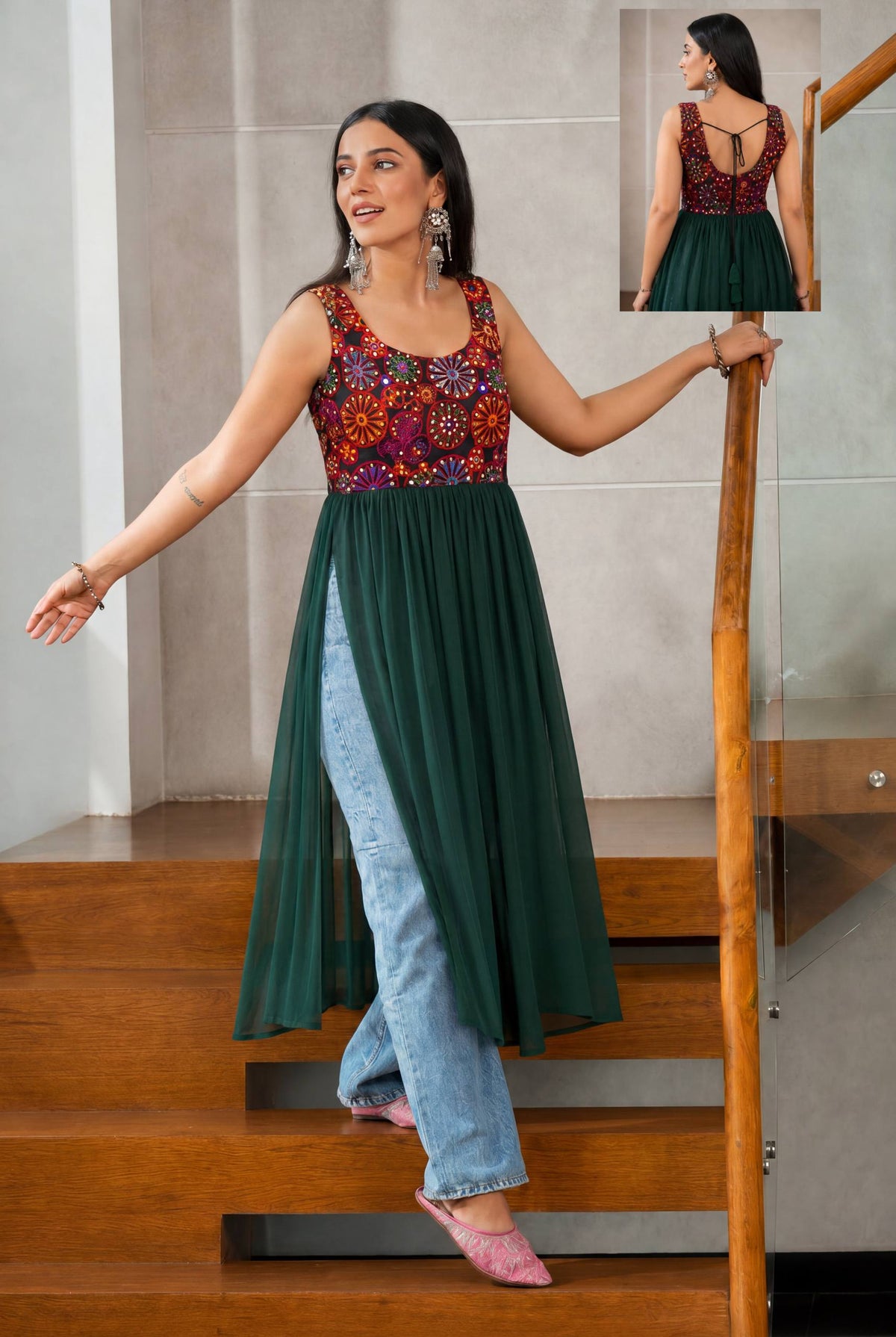 Green Pure Heavy Georgette with Embroidery Mirror Work Navratri Long Top