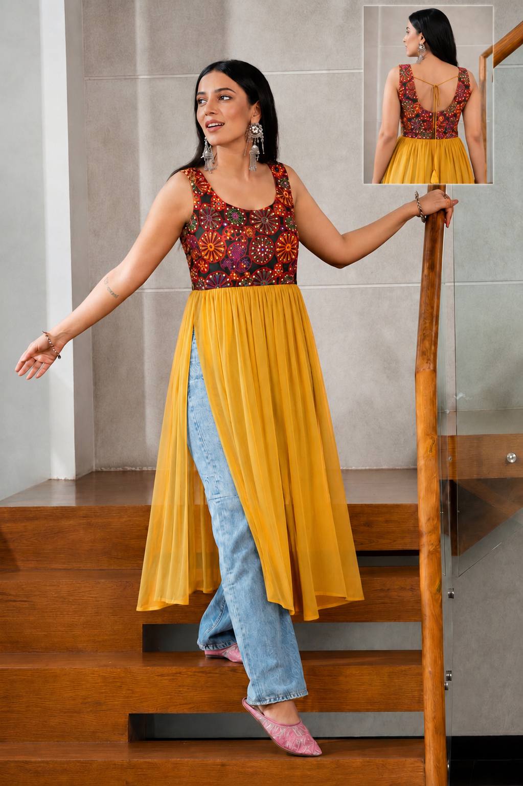 Yellow Pure Heavy Georgette with Embroidery Mirror Work Navratri Long Top