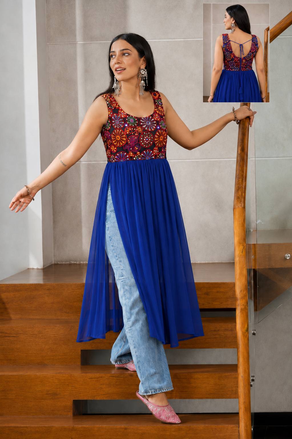 Blue Pure Heavy Georgette with Embroidery Mirror Work Navratri Long Top