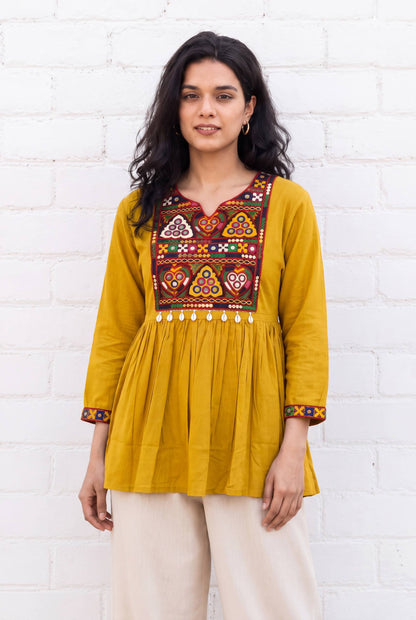 Mustard Pure Heavy Reyon Cotton with Embroidery Mirror Work Navratri Top