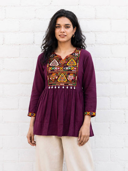 Maroon Pure Heavy Reyon Cotton with Embroidery Mirror Work Navratri Top