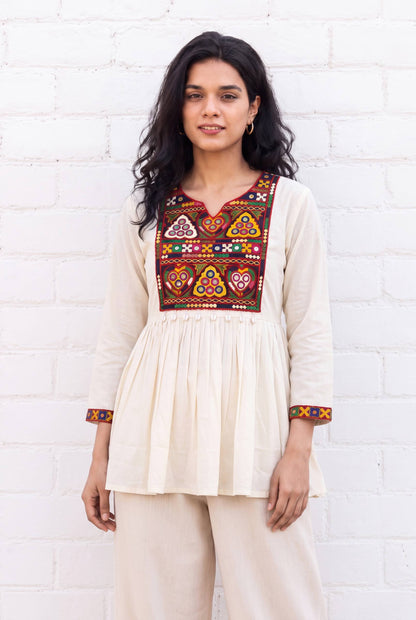 White Pure Heavy Reyon Cotton with Embroidery Mirror Work Navratri Top