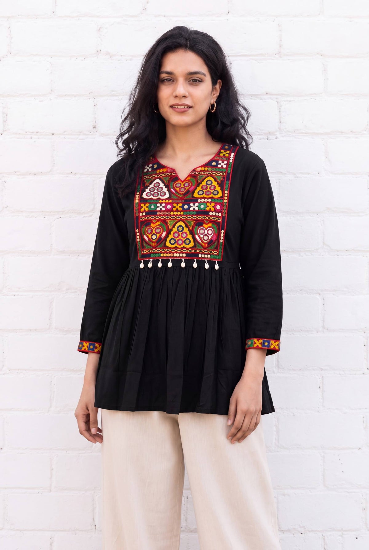 Black Pure Heavy Reyon Cotton with Embroidery Mirror Work Navratri Top