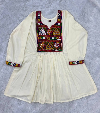 White Pure Heavy Reyon Cotton with Embroidery Mirror Work Navratri Top