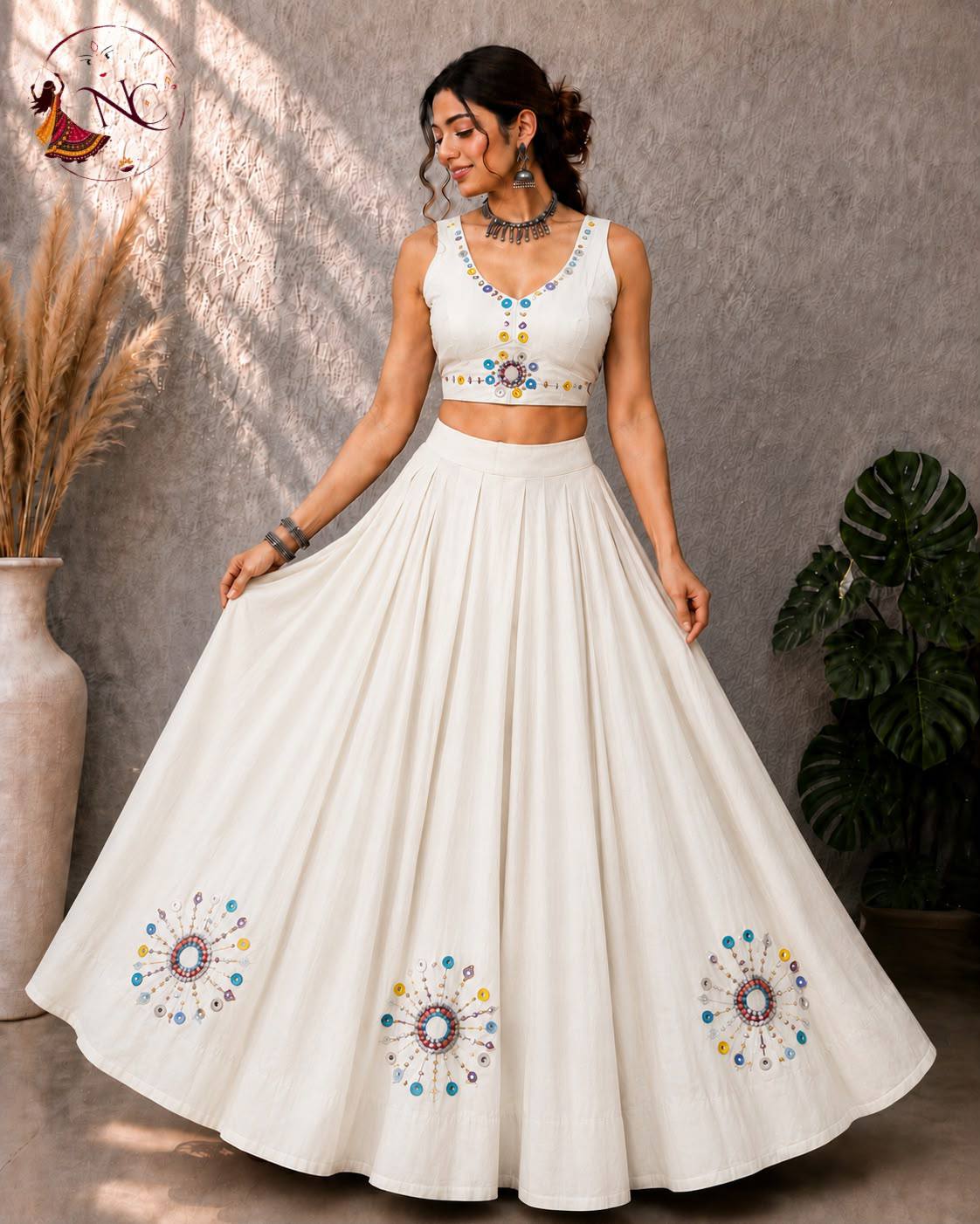 White Pure Roman Silk Heavy Hand Work Real Mirror Work Navratri Lehenga Choli