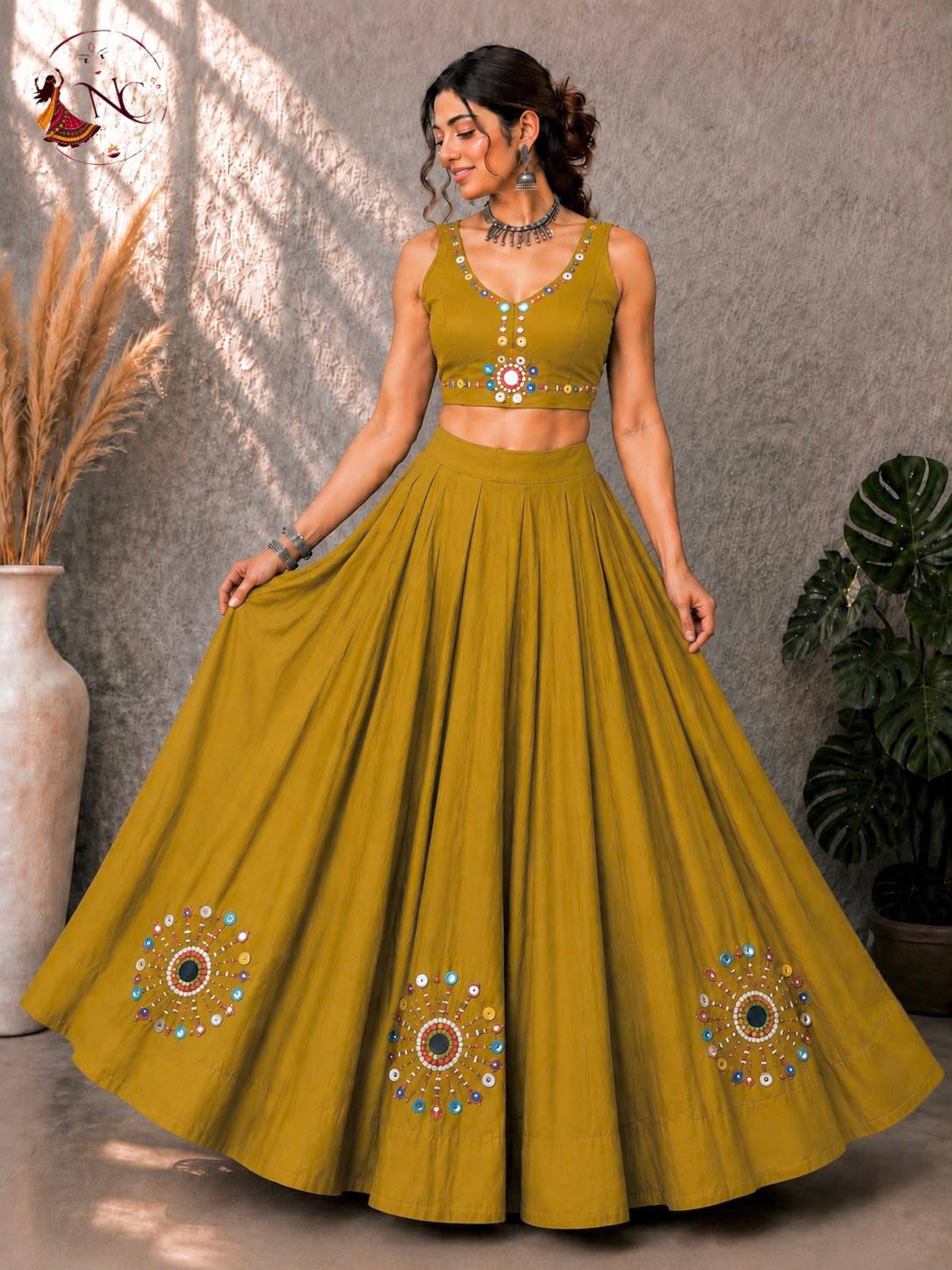 Mustard Pure Roman Silk Heavy Hand Work Real Mirror Work Navratri Lehenga Choli