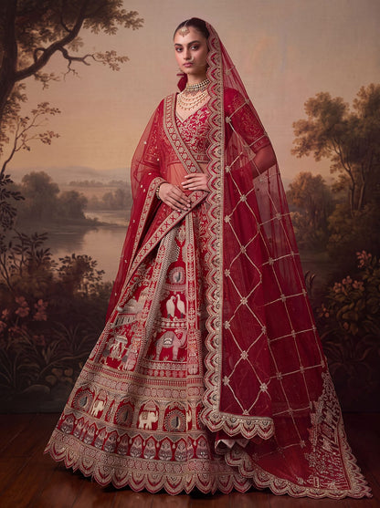 Red Pure Soft Silk Baraat Pattern Handwork Moti Dori &amp; Multi Thread Sequins Work Bridal Lehenga Choli