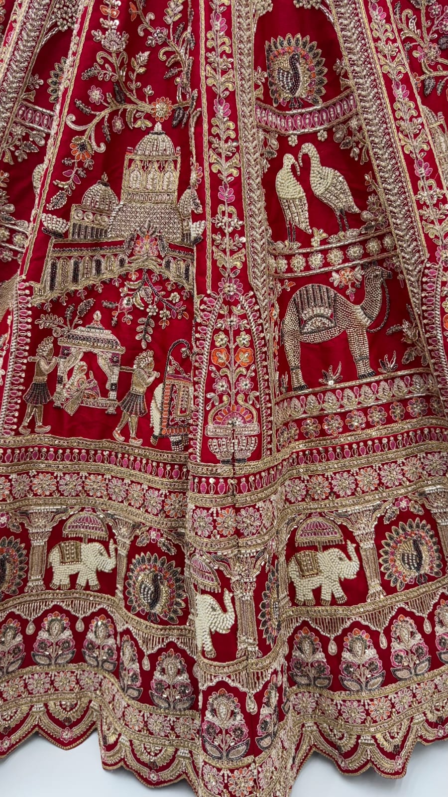 Red Pure Soft Silk Baraat Pattern Handwork Moti Dori &amp; Multi Thread Sequins Work Bridal Lehenga Choli