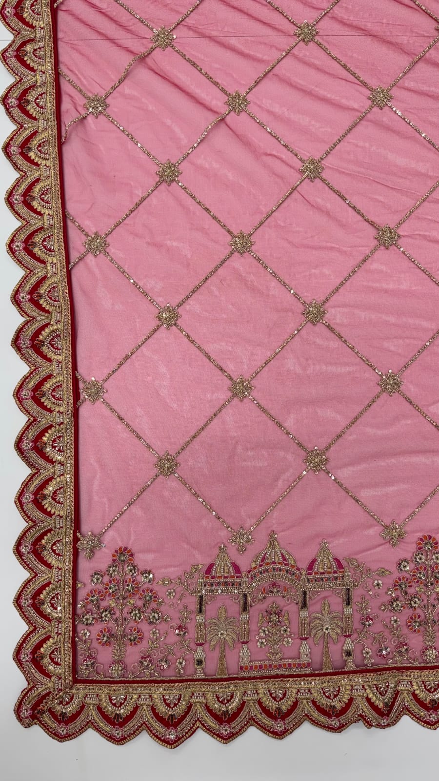 Red Pure Soft Silk Baraat Pattern Handwork Moti Dori &amp; Multi Thread Sequins Work Bridal Lehenga Choli