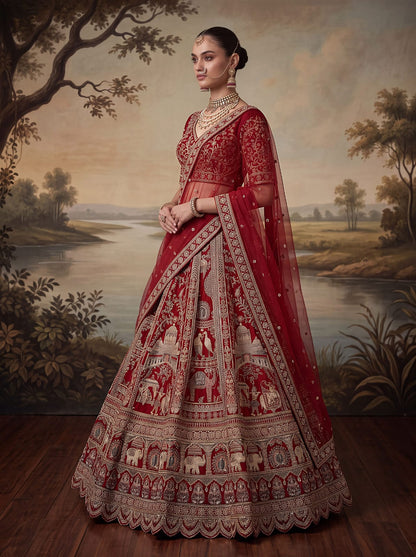 Red Pure Soft Silk Baraat Pattern Handwork Moti Dori &amp; Multi Thread Sequins Work Bridal Lehenga Choli
