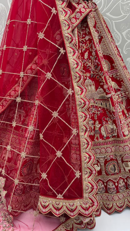 Red Pure Soft Silk Baraat Pattern Handwork Moti Dori &amp; Multi Thread Sequins Work Bridal Lehenga Choli