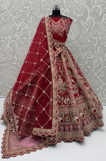 Red Pure Soft Silk Baraat Pattern Handwork Moti Dori &amp; Multi Thread Sequins Work Bridal Lehenga Choli