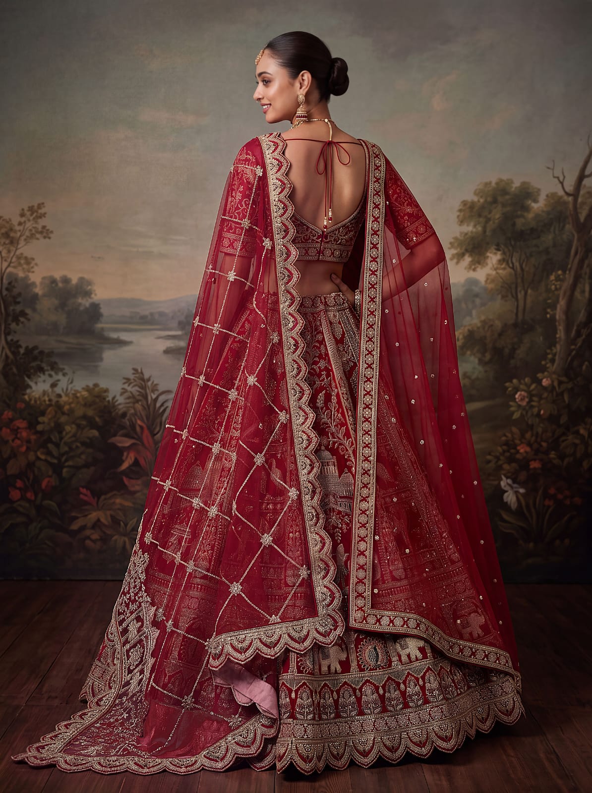 Red Pure Soft Silk Baraat Pattern Handwork Moti Dori &amp; Multi Thread Sequins Work Bridal Lehenga Choli