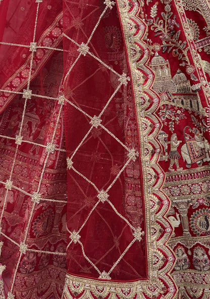 Red Pure Soft Silk Baraat Pattern Handwork Moti Dori &amp; Multi Thread Sequins Work Bridal Lehenga Choli