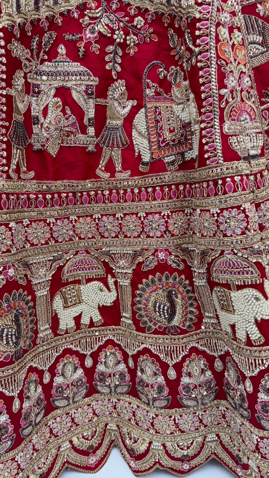 Red Pure Soft Silk Baraat Pattern Handwork Moti Dori &amp; Multi Thread Sequins Work Bridal Lehenga Choli