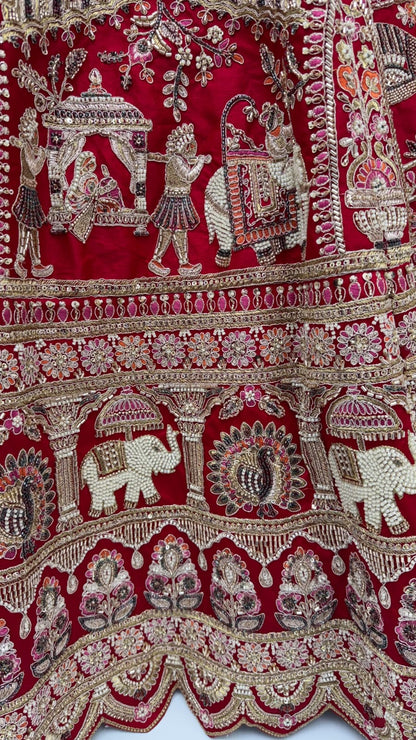 Red Pure Soft Silk Baraat Pattern Handwork Moti Dori &amp; Multi Thread Sequins Work Bridal Lehenga Choli