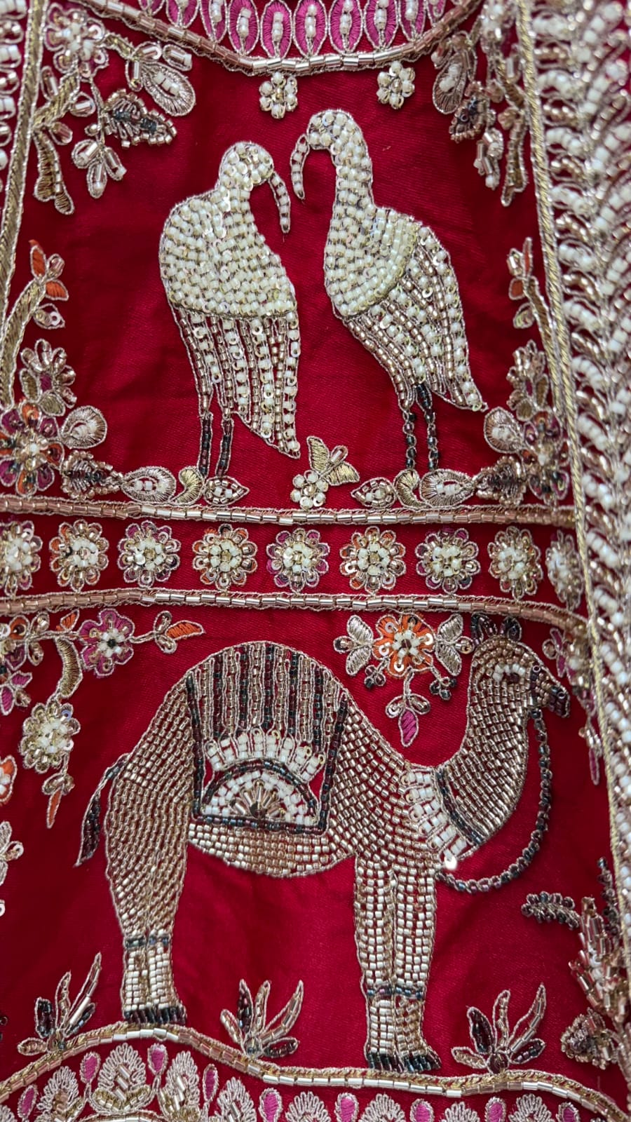 Red Pure Soft Silk Baraat Pattern Handwork Moti Dori &amp; Multi Thread Sequins Work Bridal Lehenga Choli