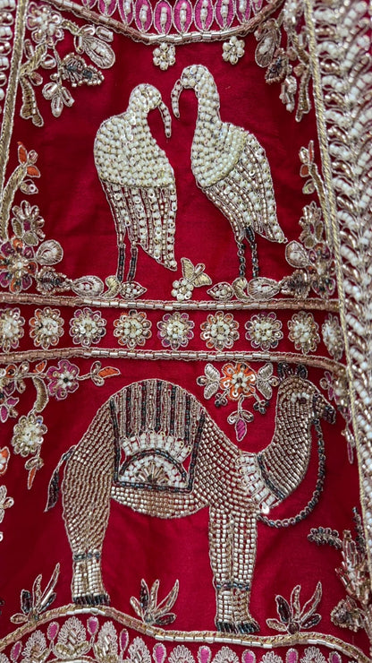 Red Pure Soft Silk Baraat Pattern Handwork Moti Dori &amp; Multi Thread Sequins Work Bridal Lehenga Choli