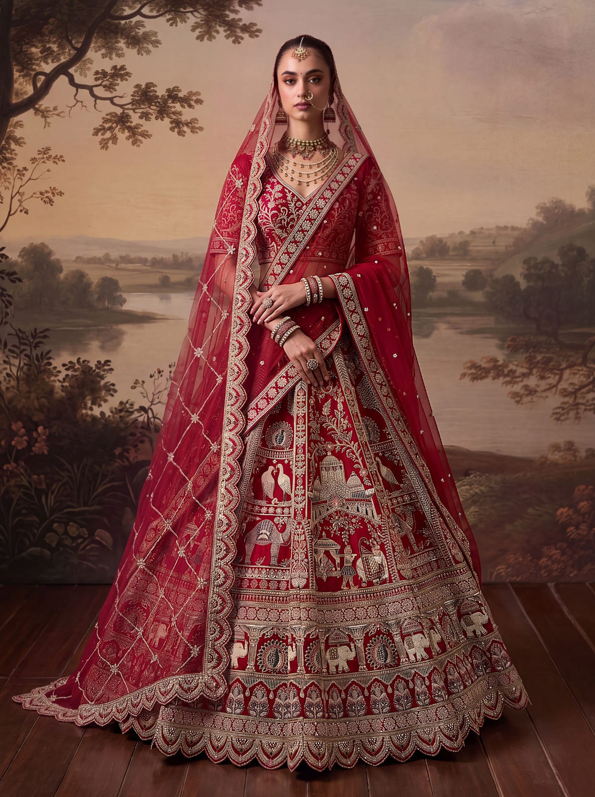Red Pure Soft Silk Baraat Pattern Handwork Moti Dori &amp; Multi Thread Sequins Work Bridal Lehenga Choli