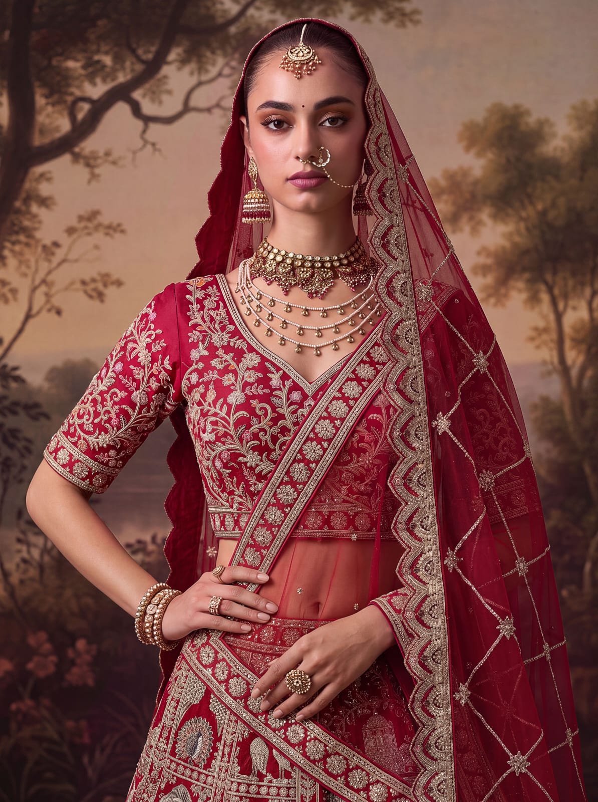 Red Pure Soft Silk Baraat Pattern Handwork Moti Dori &amp; Multi Thread Sequins Work Bridal Lehenga Choli