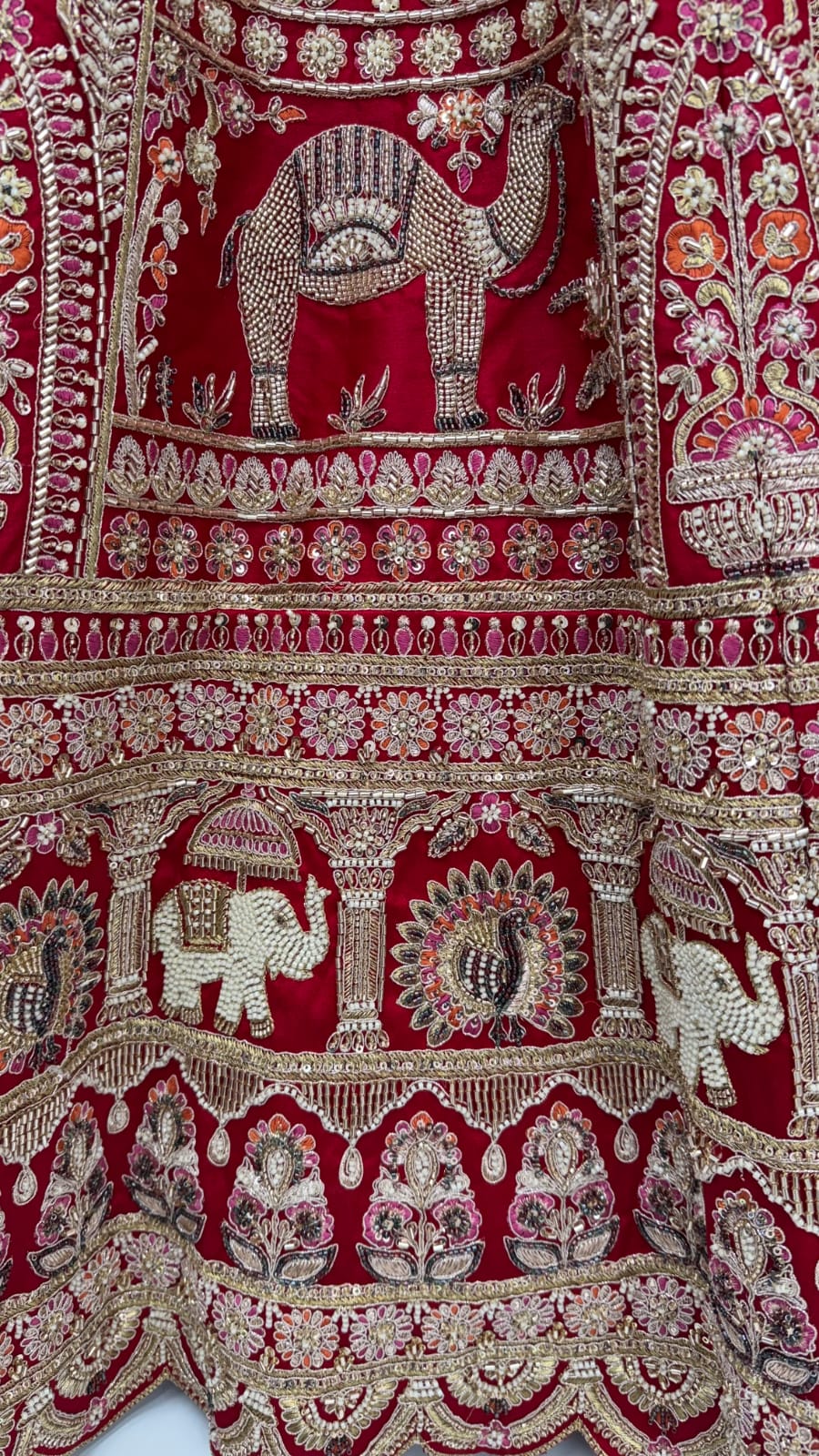 Red Pure Soft Silk Baraat Pattern Handwork Moti Dori &amp; Multi Thread Sequins Work Bridal Lehenga Choli