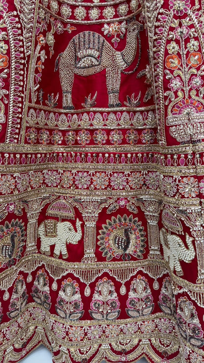 Red Pure Soft Silk Baraat Pattern Handwork Moti Dori &amp; Multi Thread Sequins Work Bridal Lehenga Choli