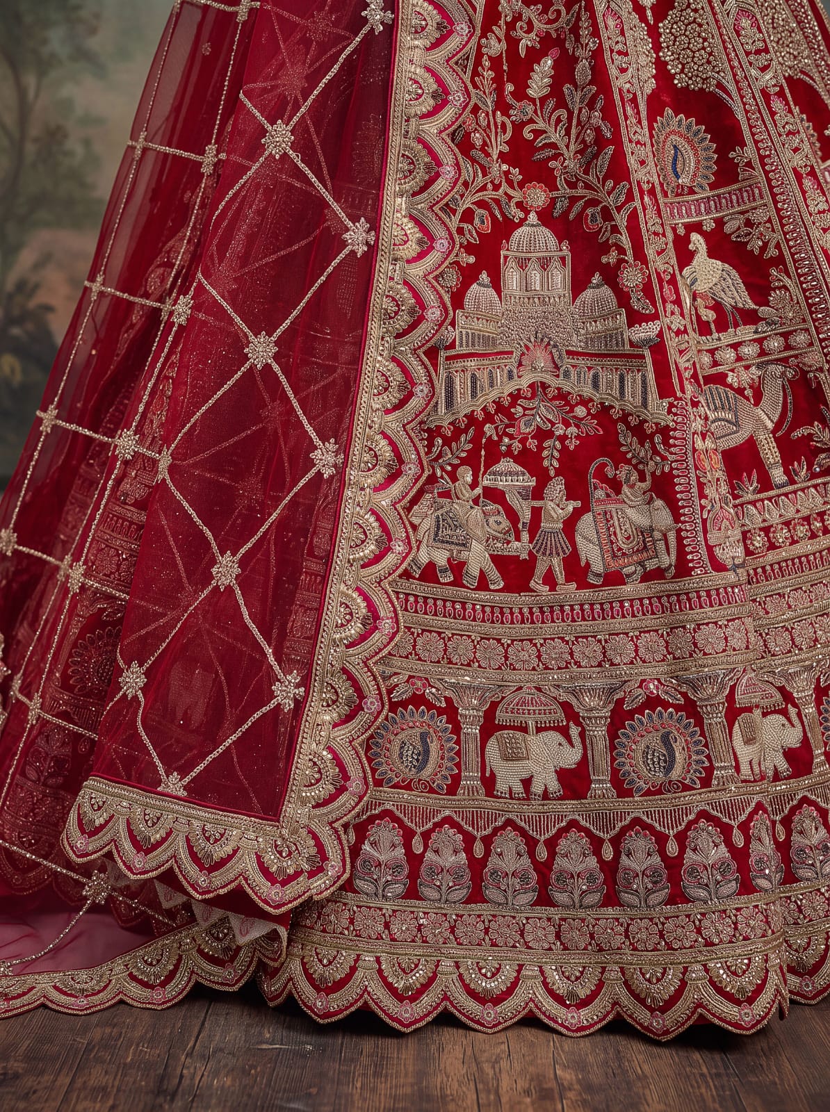 Red Pure Soft Silk Baraat Pattern Handwork Moti Dori &amp; Multi Thread Sequins Work Bridal Lehenga Choli