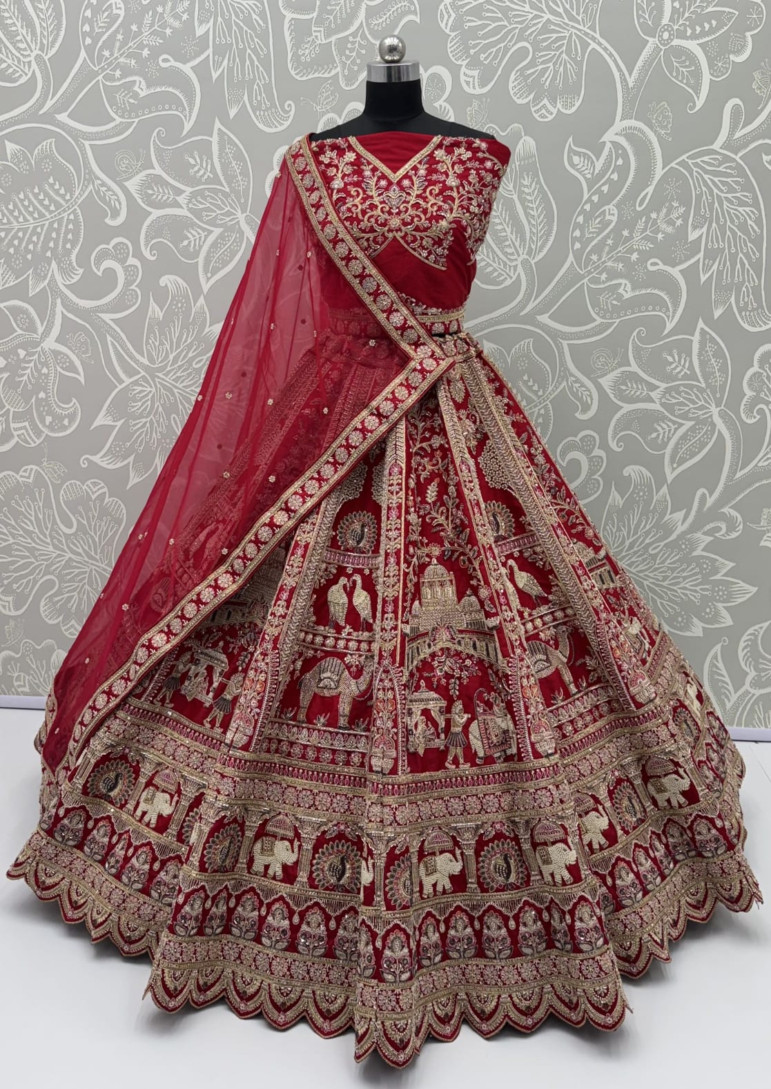 Red Pure Soft Silk Baraat Pattern Handwork Moti Dori &amp; Multi Thread Sequins Work Bridal Lehenga Choli