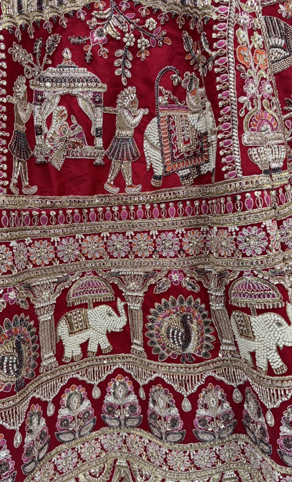 Red Pure Soft Silk Baraat Pattern Handwork Moti Dori &amp; Multi Thread Sequins Work Bridal Lehenga Choli