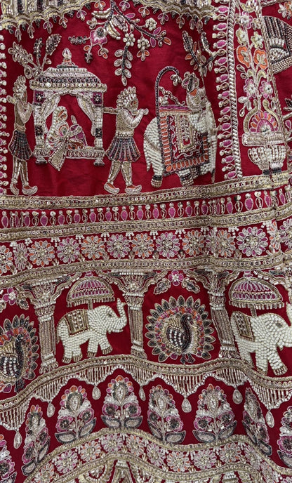 Red Pure Soft Silk Baraat Pattern Handwork Moti Dori &amp; Multi Thread Sequins Work Bridal Lehenga Choli