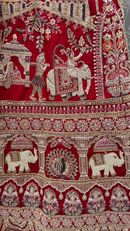 Red Pure Soft Silk Baraat Pattern Handwork Moti Dori &amp; Multi Thread Sequins Work Bridal Lehenga Choli