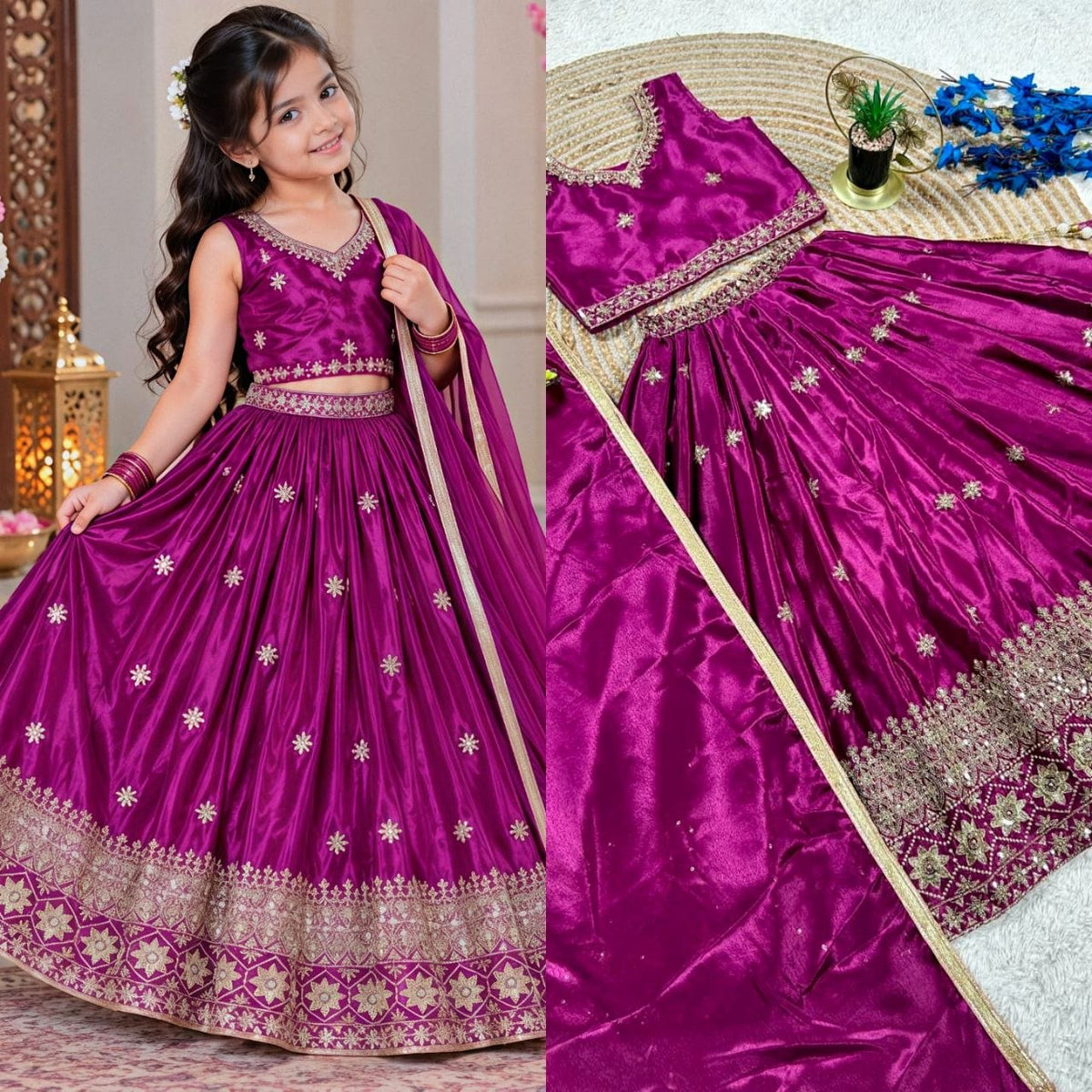 Magenta Pure Soft Chinon Silk Sequins Embroidery Work Work Kid&