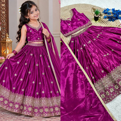 Magenta Pure Soft Chinon Silk Sequins Embroidery Work Work Kid&
