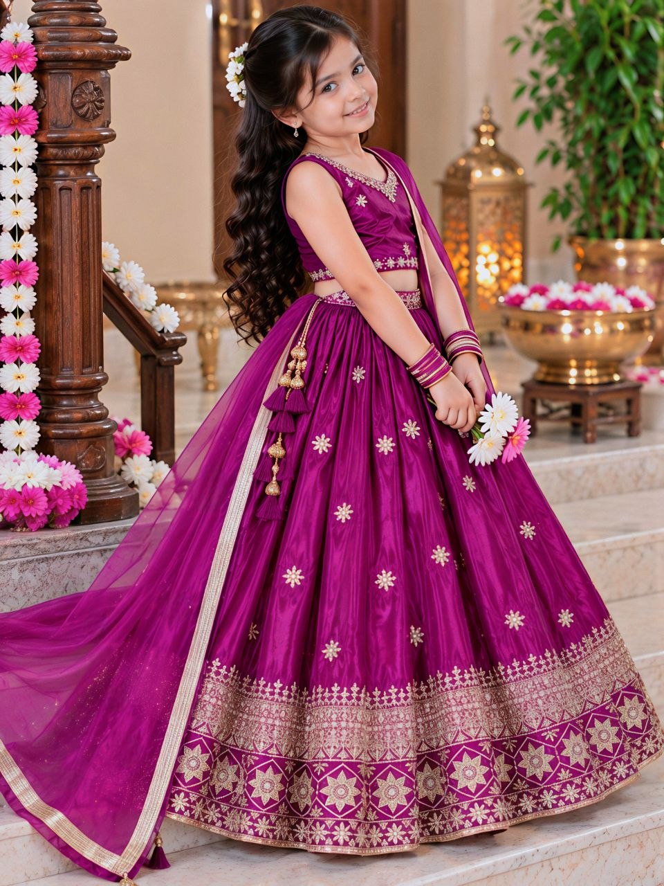 Magenta Pure Soft Chinon Silk Sequins Embroidery Work Work Kid&