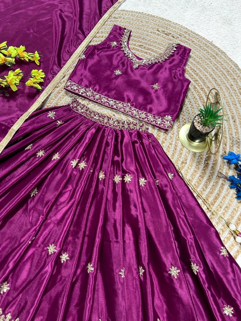 Magenta Pure Soft Chinon Silk Sequins Embroidery Work Work Kid&