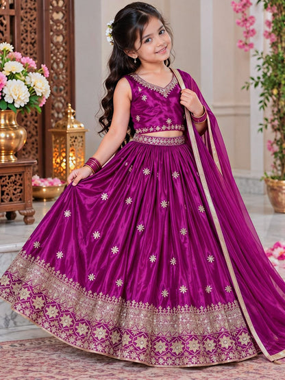 Magenta Pure Soft Chinon Silk Sequins Embroidery Work Work Kid&