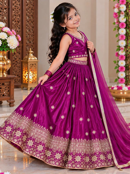 Magenta Pure Soft Chinon Silk Sequins Embroidery Work Work Kid&