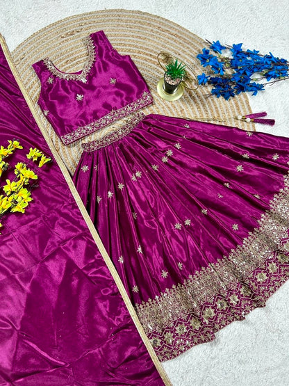 Magenta Pure Soft Chinon Silk Sequins Embroidery Work Work Kid&