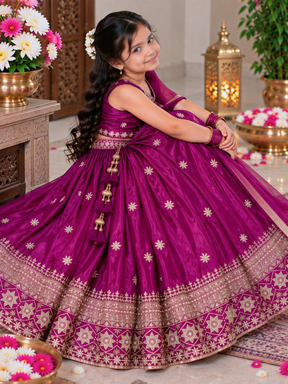 Magenta Pure Soft Chinon Silk Sequins Embroidery Work Work Kid&