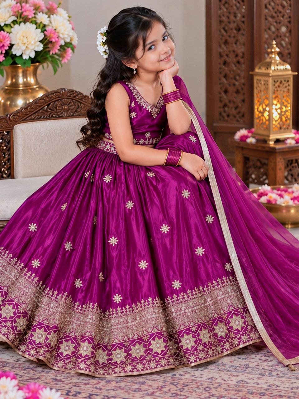 Magenta Pure Soft Chinon Silk Sequins Embroidery Work Work Kid&