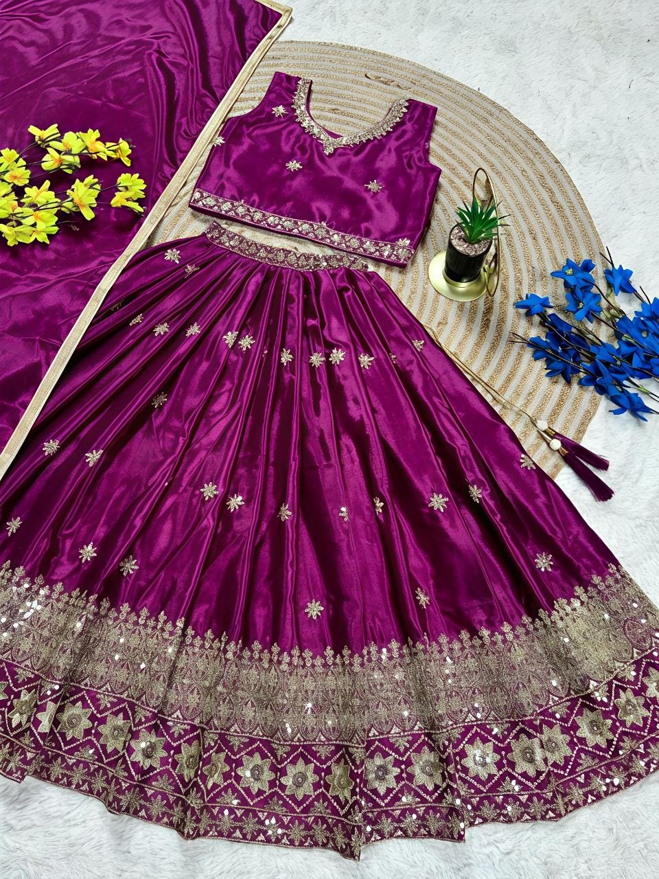 Magenta Pure Soft Chinon Silk Sequins Embroidery Work Work Kid&
