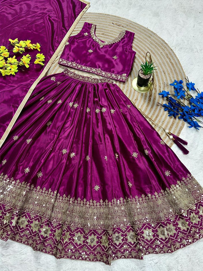 Magenta Pure Soft Chinon Silk Sequins Embroidery Work Work Kid&